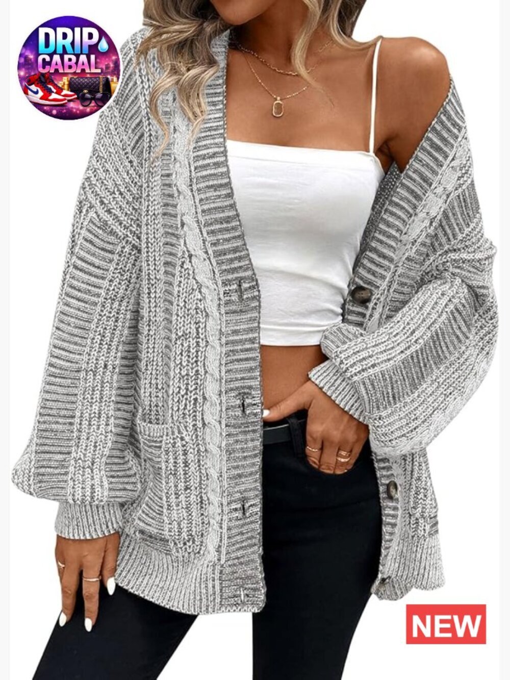 Oversized Cardigan Sweater Long Sleeve Cable Knit Striped Button Down Coat with
